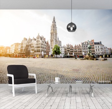 Picture of Morning view on the Grote Markt with beautiful buildings and church tower in Antwerpen city Belgium